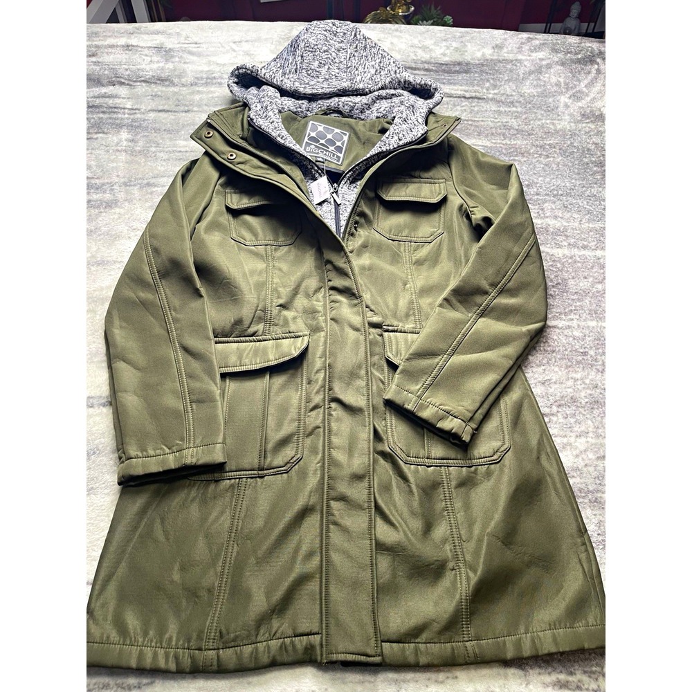 Big Chill Women's Small Green/Gray Hooded Jacket Long Full Zip Snap Closure